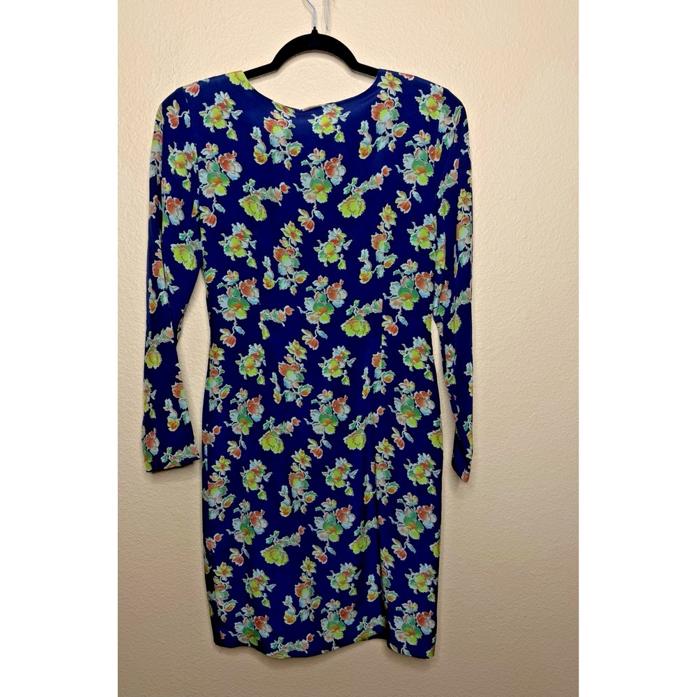 YL Dress Womens Navy Blue Floral 100% Silk Button Front Long Sleeve Mini Dress 4 - Picture 6 of 7